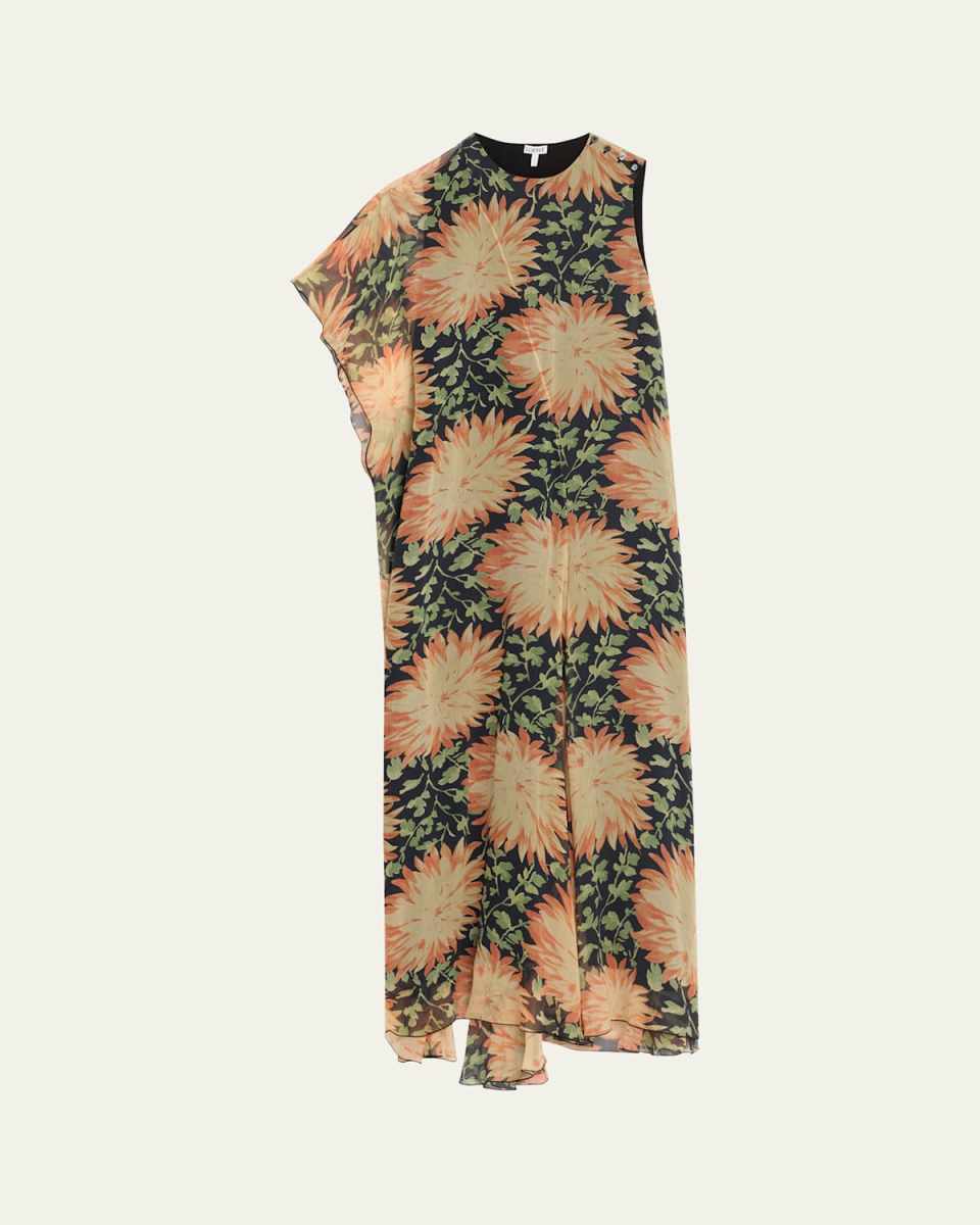 Long Floral Print One-Sleeve Chiffon Silk Dress